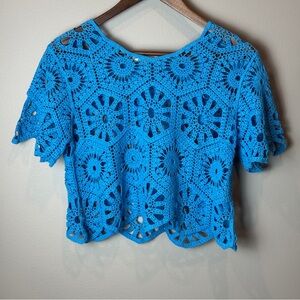 Rebellion Crochet Short Sleeve Crop Top - Bright Blue